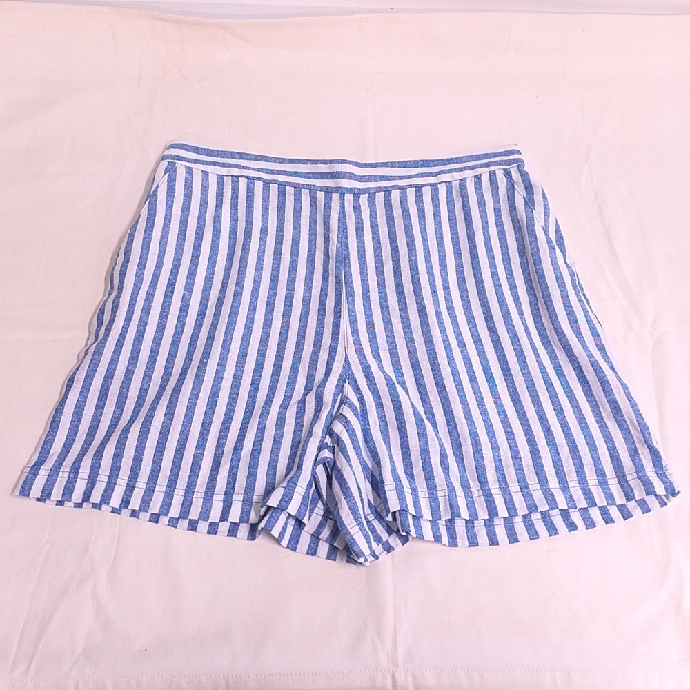 NWT LOFT Outlet Shorts Womens L Blue White Striped Linen Blend Elastic Waist